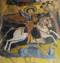 Wall mural in the 4th century rock-cut church of Abrha we Asbha