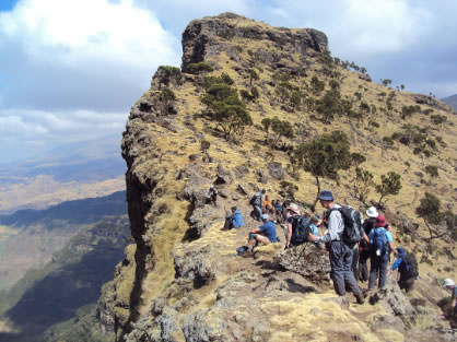 Group trekking high on a ridge